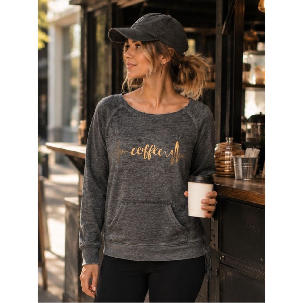 Zobha Heartbeat Metallic Coffee Graphic Gray Women's Sweatshirt Pouch Pocket L